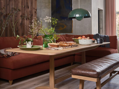 Groupie Sofa Bench for Dining Quince Jam Twill with Shindig Table and Leather Budge Bench 003 HR
