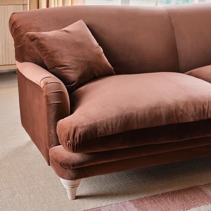Kingpin Sofa in School Satchel Brown Velvet with Light Oak Legs