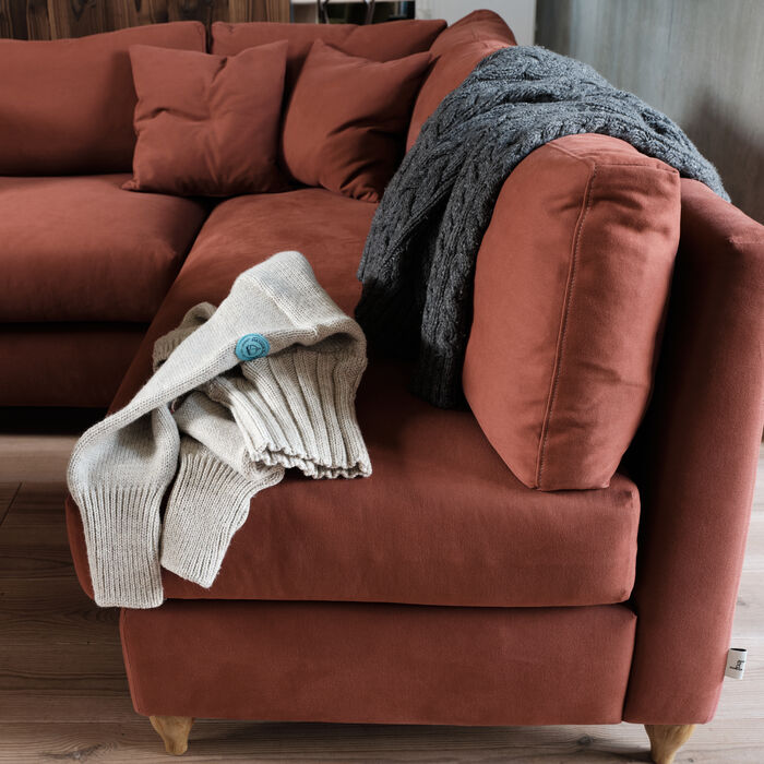 Groupie Corner Sofa Bench in Quince Jam Twill with Light Oak Legs